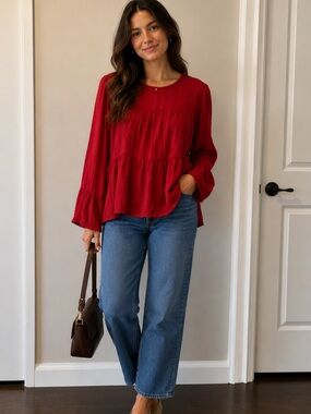 GAP Red Tiered Long-Sleeve Peasant Blouse